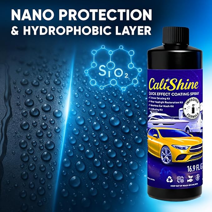 CaliShine Quick Effect Coating Spray - 16.9 fl oz Waterless Ceramic Car Wax Coat - Detail Polish & Cleaner for Cars Boat Body & Glasses, Window Glass and Headlight - Shine Restoration Kit (1000 ml)