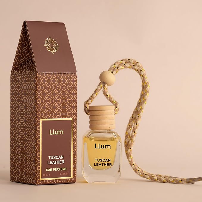 Llum Tuscan Leather Hanging Car Air Freshener – Luxury Automotive Perfume Diffuser 10ml (0.34 fl oz), Long-Lasting Fragrance, Alcohol-Free Non-Toxic Scent, Glass Bottle With Wood Cap & AC Vent Clip