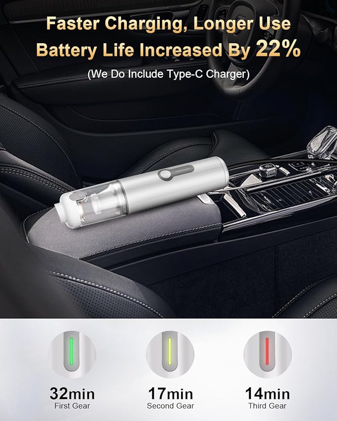 MARTISAN Portable Car Vacuum, Versatile 4-in-1 Vaccum, 20,000Pa Suction Power, 3 Sunction Modes, Lightweight, Up to 30 Min Runtime, Quick Charging for Desk, Keyboard, Car, White