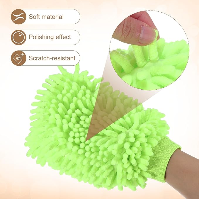 HARFINGTON 2pcs Chenille Microfiber Car Wash Mitts 9.8" x 7.9" Scratch Free Wash Gloves Absorbent Double Sided Plush Cleaning Drying Mitts for Car Washing Home Light Green