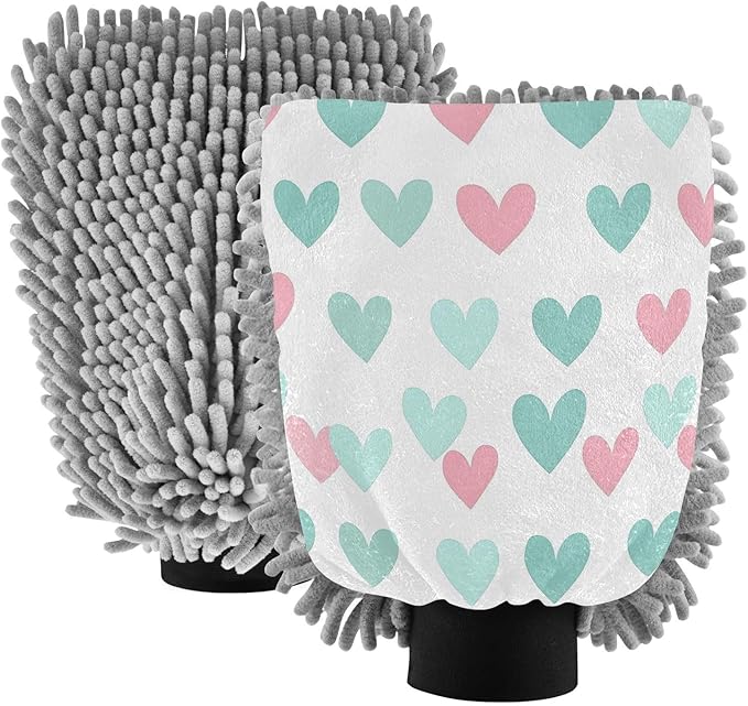 YETTASBIN Love Heart 2PCS Car Wash Mitts, Ultra Absorbent Chenille Microfiber Car Washing Gloves, Scratch-Free Lint-Free Auto Cleaning Mitt, Machine Washable Elastic Cuff Car Wash Sponge