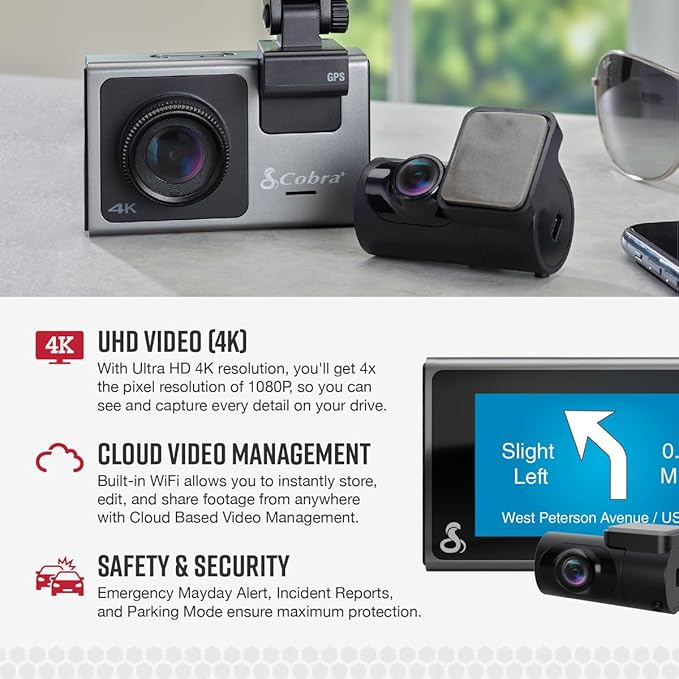 Cobra Smart Dash Cam + Rear Cam (SC 400D) – UHD 4K Resolution, Alexa Built-In, 3-Camera Capable, Live Police Alerts, Emergency Mayday, Drive Smarter App, 3" Touchscreen, Wi-Fi & GPS, 32GB SD Card Incl
