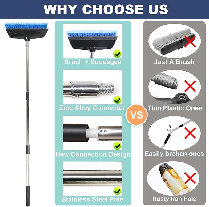 52" Car Wash Brush with Long Handle | Built-in Rubber Squeegee & Rubber Bumper | Lightweight extendable Handle | Soft Bristle Brush for Car, RV, Boat, Solar Panel, Deck Washing