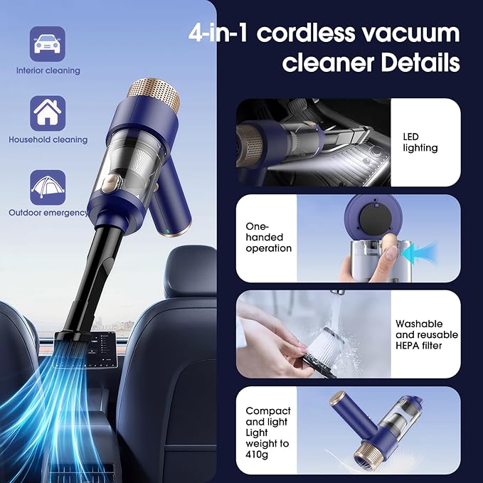 Portable Cordless Handheld Car Vacuum - Compact & Lightweight with High-Power Suction, Washable Filter, and LED Light for Auto Interior, Keyboard, Desk & Pet Hair Cleaning (Blue & Gold)