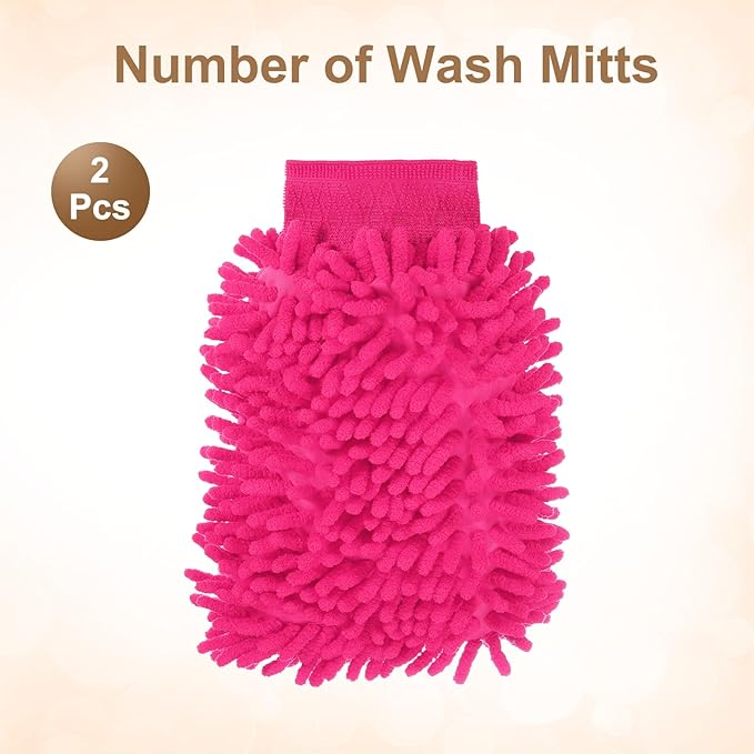 HARFINGTON 2pcs Chenille Microfiber Car Wash Mitts 9.8" x 7.9" Scratch Free Wash Gloves Absorbent Double Sided Plush Cleaning Drying Mitts for Car Washing Home Rose Red