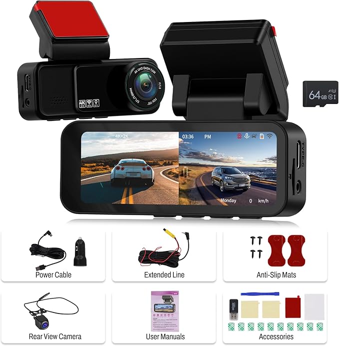 SIXTOP 4K Dash Cam Front and Rear, 4K+2K Dual Dash Camera for Cars, ADAS, 5.8GHz WiFi GPS 64GB Card Included, Night Vision, 3.16'' IPS Screen G-Sensor 24H Parking Mode Loop Recording Wide Angle
