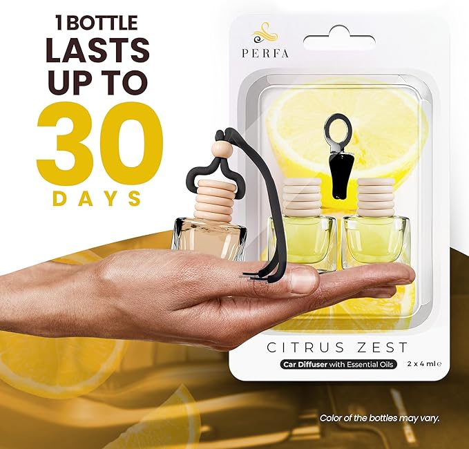Citrus Lemon Car Air Freshener | Hanging Car Freshener with Vent Clip | Long Lasting Diffuser, Slow-Release Aroma Technology, Adjustable Scent Intensity | Premium Scented Interior Perfume by Perfa