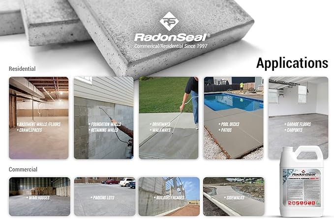 RadonSeal Concrete Sealer (Standard) – Deep Penetrating Waterproofing for Basement Floors & Foundation Walls – Reduces Moisture & Strengthens Concrete (5 Gallon)