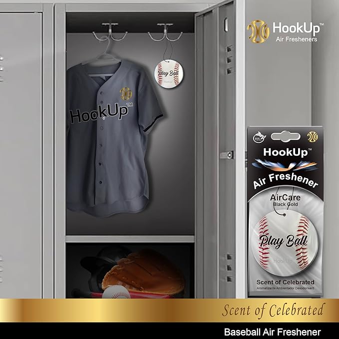 Baseball Car Air Freshener by HookUp - 2 Pack - Black Gold Scent (Extra Strong) | Unique Baseball Gift for Players, Coach, Fans | Hanging Car Accessory with Long Lasting Fresheners Smell