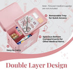 Flexzion First Aid Box Organizer, Empty 8.5 Inch Pink Vintage First Aid Kit Tin Metal Medical Box First Aid Storage Box Container Bins with Dividers, Removable Tray and Cross Logo