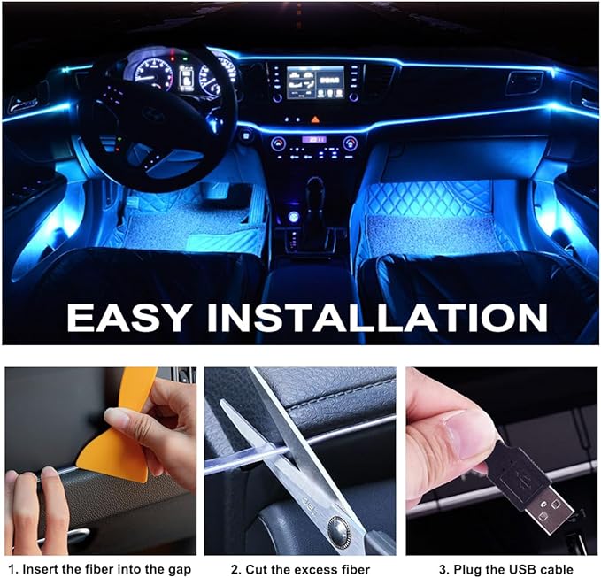 Interior Car LED Strip Lights with Wireless APP & Remote Control, RGB 2 in 1 Car Ambient Lighting Kit with 158 Inches Fiber Optic, Inside Neon Dash Strip with Music Mode
