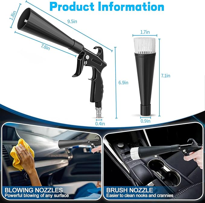 JUSTHERE Detailing Car Cleaning Gun Interior Dryer Air Blow Gun, High Pressure Blower Gun with 5 Pcs Brushes for Auto Carpet Seats Dashboard Console Cleaning
