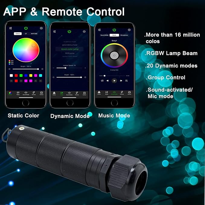 AZIMOM Car Use 6W RGBW 200pcs 0.03in 6.5ft Fiber Optic Lights Starlight Ceiling Light Kit End Glow Optic Cable Music Mode APP Remote Sensory Lighting Indoor Home Headliner Decoration