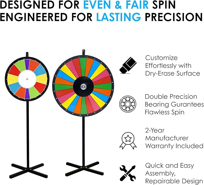 Carnival Color Floor Stand Dry Erase Prize Wheel – 30” Spinning Wheel Game, Vibrant 14 Sections, Durable Wood, Trade Show Raffle & Event – Made in USA
