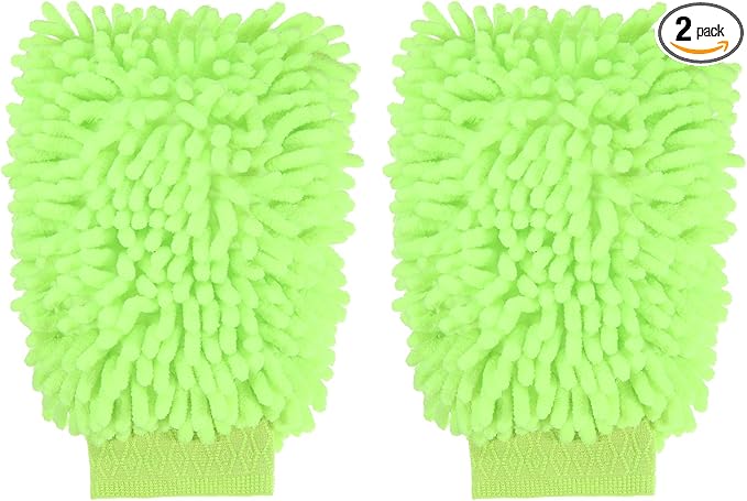 HARFINGTON 2pcs Chenille Microfiber Car Wash Mitts 9.8" x 7.9" Scratch Free Wash Gloves Absorbent Double Sided Plush Cleaning Drying Mitts for Car Washing Home Light Green