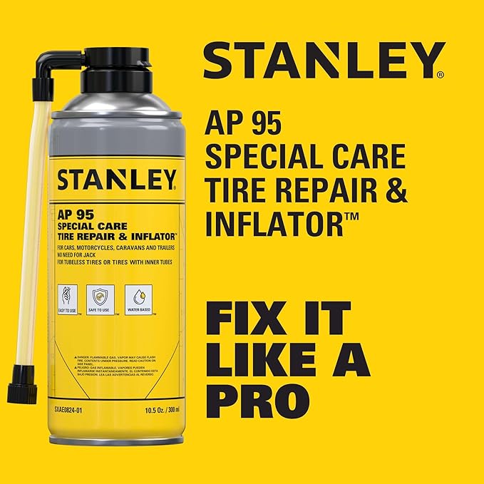STANLEY AP95 Tire Repair & Inflator – (1x10 oz.) Flat Tire Sealant Spray Kit for Car, Bike, Motorcycle – Seals & Inflates Tubeless Tires – No Jack Needed – Emergency Tire Fix – Rim Safe | 1 Pack