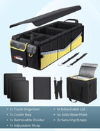 Oasser Trunk Organizer with Cooler Bag 95L, Bearing 110lb No Deformation, Collapsible with Multi Compartments, 20L Removable Insulated Bag, Foldable Lid, Non Slip Bottom, 2 Straps (Black&Yellow)