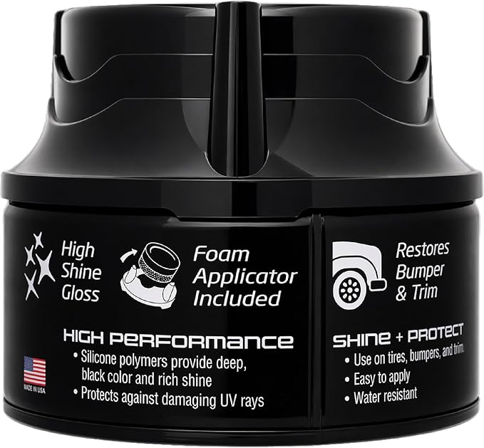 Formula 1 Tire Wax - Long Lasting Tire Gel for Black Glossy Tires, Water Resistant, Restores Plastic Trim, Foam Applicator Included, 10oz