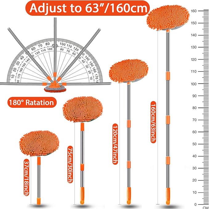 WillingHeart 63" Car Wash Mop Brush Tool Mitt with Long Handle Length More Suitable for Washing American Cars Truck, SUV, RV, Trailer, 2 in 1 Chenille Microfiber Duster Not Hurt Paint Scratch Free