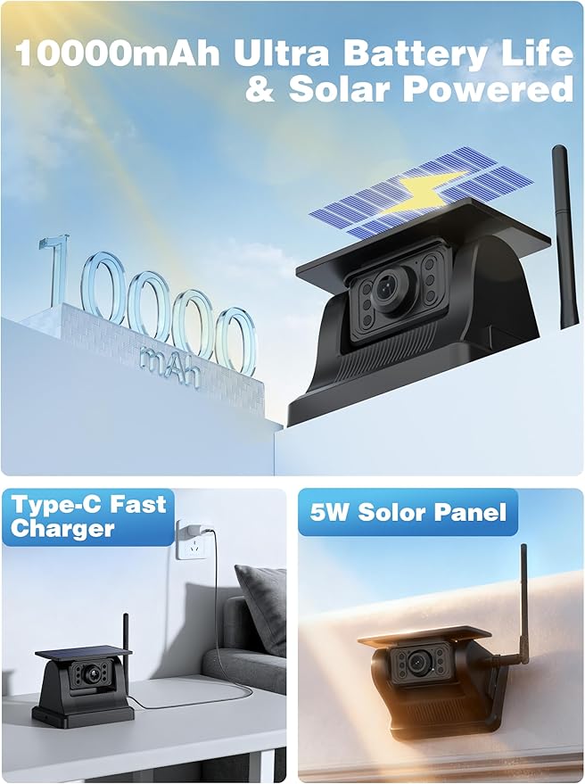 Magnetic Solar Wireless Backup Camera with 28hrs Rechargeable Battery, IR Night Vision & IP69, Suitable for Trucks, RV, Small Trailer & Pickup, 5'' HD 1080P Video Monitor, Reserve Guideline