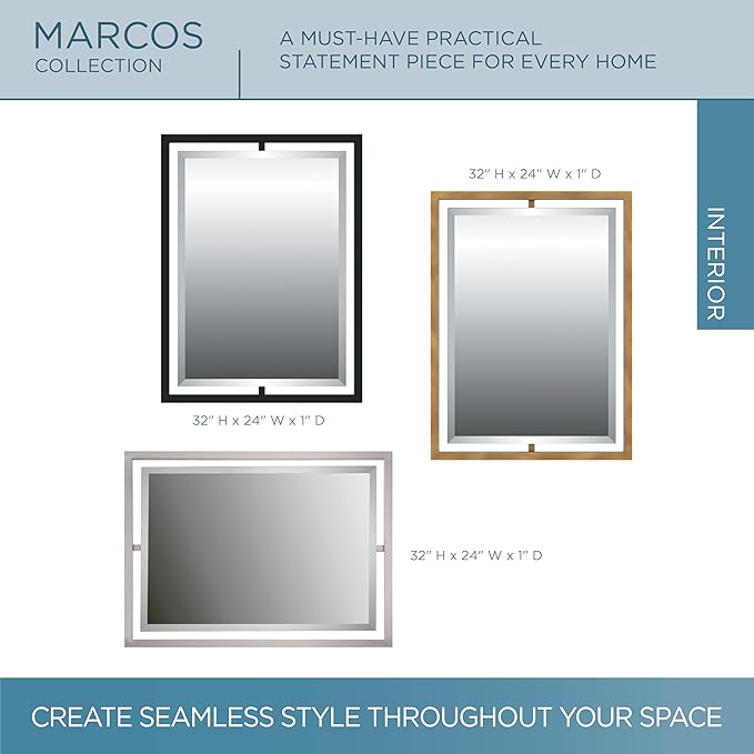 Quoizel Marcos Rectangular Wall Mirror, 32 x 24 Inch Brushed Nickel Decorative Small Mirror, Horizontal/Vertical, Modern Framed Mirror for Bedroom, Bath, Vanity, Over Sink, Living Room or Hallway