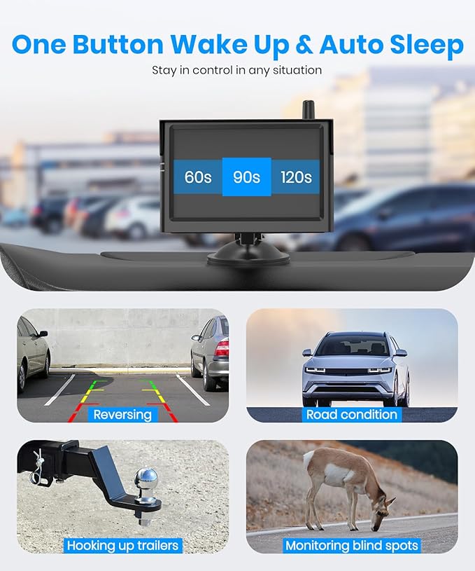 AUTO-VOX Solar Wireless Backup Camera:5" 1080P HD Monitor3-Minute Easy to Install & 5000mAh Battery Powered Back Up Camera SystemIP69K Waterproof Wide Angle Reverse Camera for Car Truck Trailer Vans
