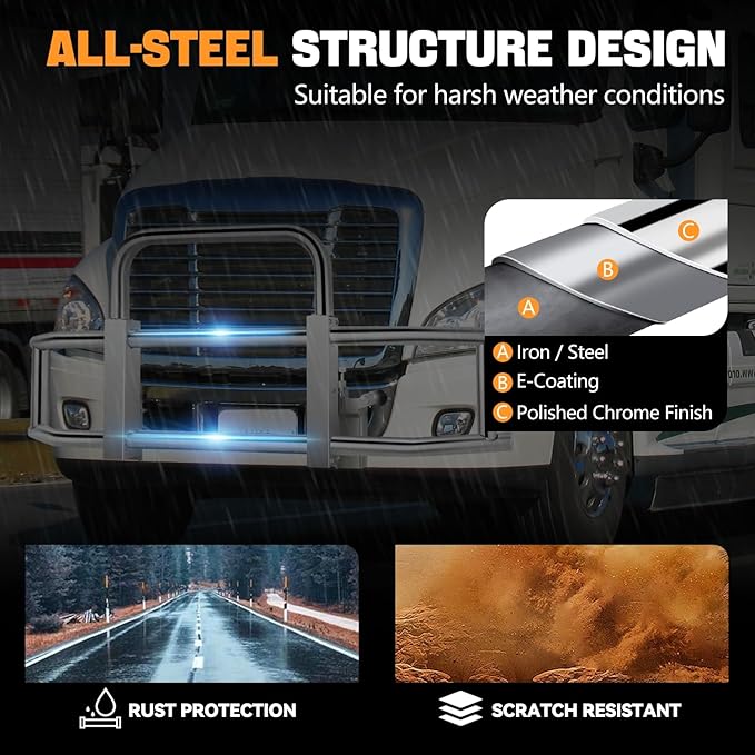 Auto Dynasty Front Bumper Brush Bull Bar Deer Guard Compatible with 2008-2017 Freightliner Cascadia, 3mm Thick Iron Tubing, Polished Chrome