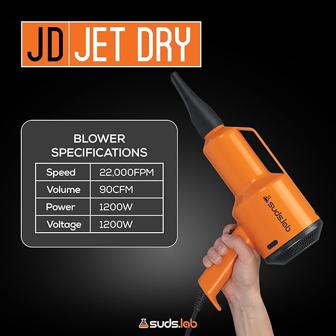 Suds Lab JD Jet Dry Car Drying Blower with 2 Nozzles & 20 ft Power Cord – 1.5 HP Powerful & Compact Car Dryer Air Blower for Removing Water, Dust & Debris