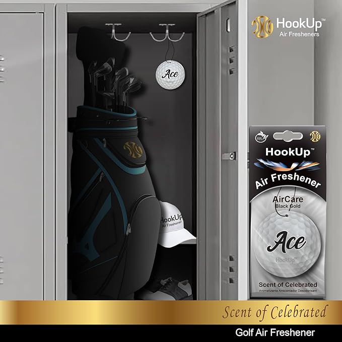 Golf Car Air Freshener by HookUp - 4 Pack - Black Gold Scent (Extra Strong) | Unique Golf Gift for Players, Coach, Fans | Hanging Car Accessory with Long Lasting Fresheners Smell