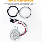 2PCS 17 LED Dual Revolution Watermelon Lights, Amber Turn Signal & Marker to Blue Auxiliary, Clear Lens & Stainless Steel Bezel for Freightliner, Peterbilt, Heavy Trucks & Trailers