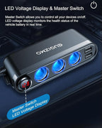 EUGIZMO USB Cigarette Lighter Adapter, 200W Car Cigarette Lighter Plug Splitter Adapter USB Charger Extension Cord 3 Socket Way 12V/24V Car Charger Adapte r Splitter Port for Plug Outlet