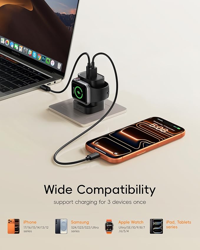 VRURC Charger for iPhone & Apple Watch, 20W USB C Fast Charging Block, 3-in-1 Compact Travel Adapter with 2 Port for iPhone 17/16/15/14/13, Wireless Magnetic for iWatch SE/11/10/9/8/7/6/5/4-Black