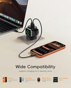 VRURC Charger for iPhone & Apple Watch, 20W USB C Fast Charging Block, 3-in-1 Compact Travel Adapter with 2 Port for iPhone 17/16/15/14/13, Wireless Magnetic for iWatch SE/11/10/9/8/7/6/5/4-Black