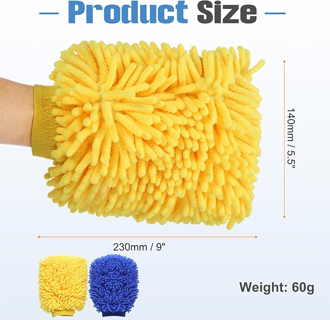 HARFINGTON 4pcs Chenille Microfiber Car Wash Mitts 9" x 5.5" Scratch Free Wash Gloves Absorbent Double Sided Plush Cleaning Drying Mitts for Car Washing Home Clean Blue Yellow