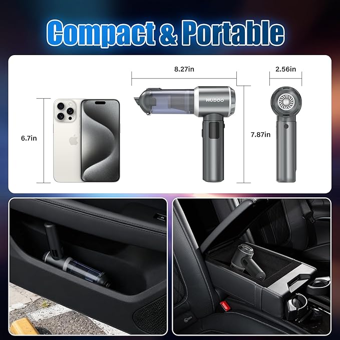 WUDOO 4-in-1 Car Vacuum Cleaner Portable Cordless Dust Remover 20,000 Pa Brushless Motor Powerful Handheld Wireless Charging Vacuum Cleaner LED Light, Multi-Nozzles for Car, Home, Office, Pet