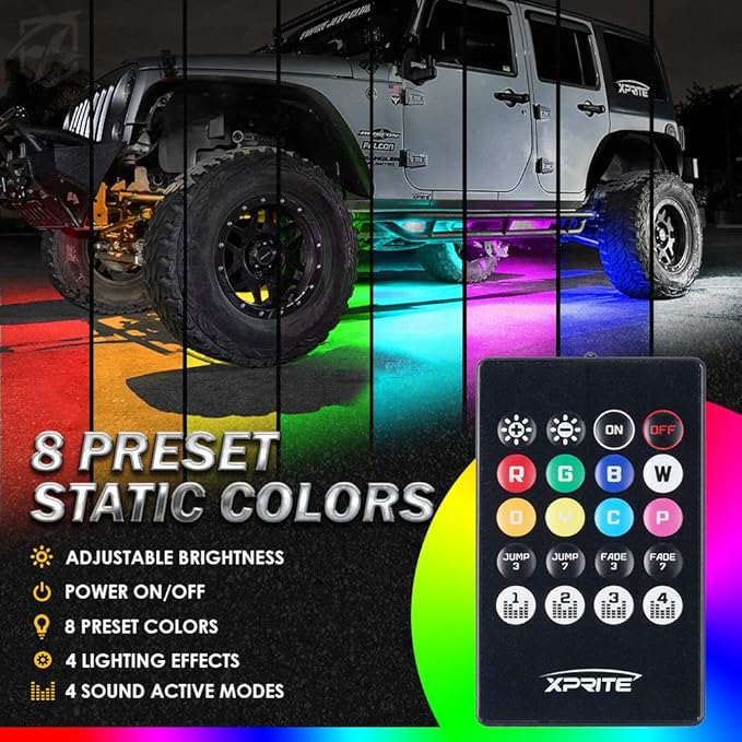 Xprite 4Pcs Underglow LED Lights for Cars, 8 Color RGB 252 LEDs Sound Active Function Music Mode Underglow Kit, Bluetooth APP & Remote Control, Waterproof Underbody Neon Strip Light for Car SUV Truck