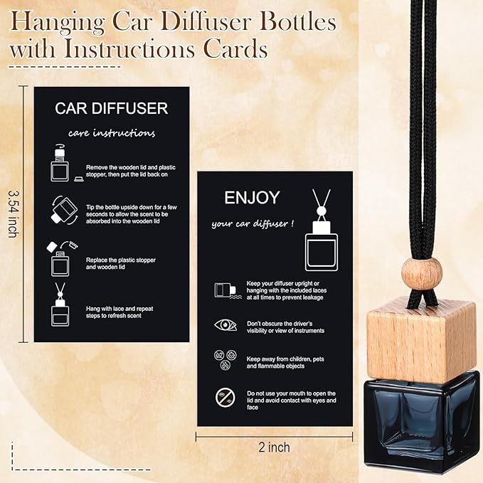 DaisyInner 200 Sets Car Diffuser Bottles Empty Bulk Hanging Car Air Freshener Diffuser Bottles Bulk Glass Perfume Holder with Instruction Cards for Essential Oil Fragrance Pendant(Square,Black)
