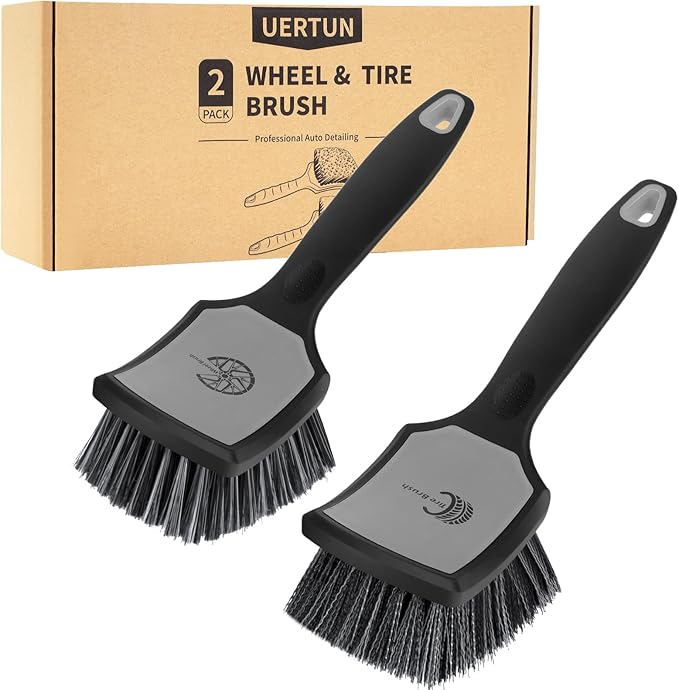 Wheel and Tire Brush Detailing Kit, Soft Rim Brush & Stiff Tire Brush with Silicone Bumper Guard, Non-Slip Ergonomic Handle Car Wash Set for Alloy Wheels, Fenders, Mats