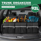 Heavy-Duty Trunk Organizer & Multi-Compartment Storage Box for SUV/Sedan/Minivan,600D Waterproof Oxford,2 Securing Hooks & Reflective Strips-Large Capacity Organiser(92L)
