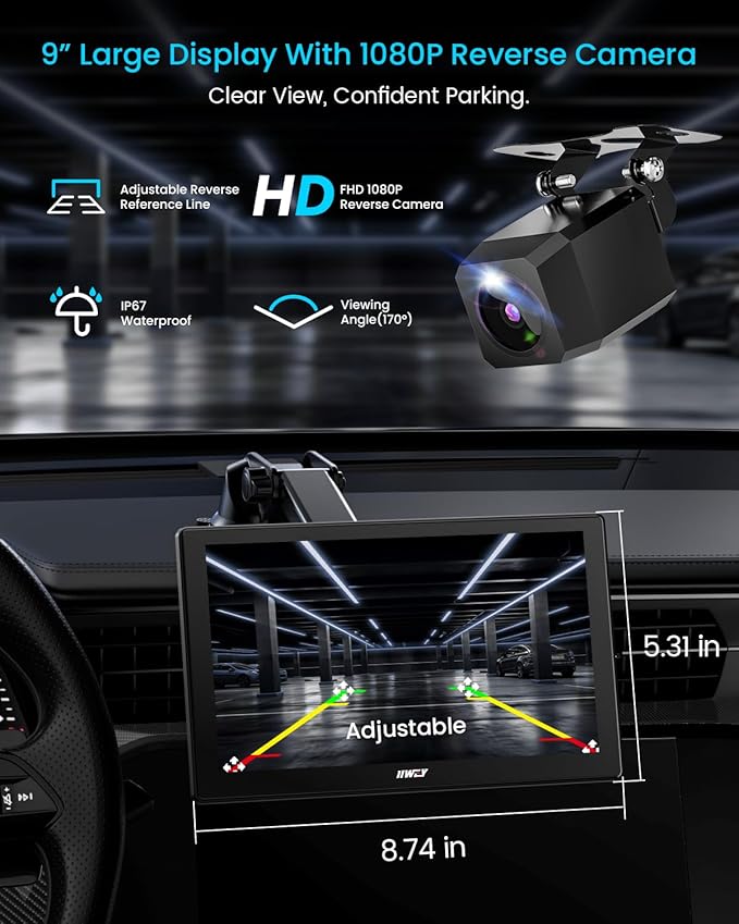 IK5 9" Wireless Apple CarPlay & Android Auto Screen, Portable Car Stereo with 4K Dash Cam & 1080p Backup Camera, Add CarPlay to Any Vehicle, Touchscreen, Mirror Link