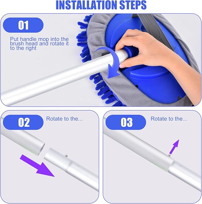 62" Car Wash Brush with Long Handle and Car Wash Brush Microfiber Car Cleaning Brush Kit for Car RV Truck Cleaning 1 Chenille Scratch-Free Replacement Head with Aluminum Alloy Pole (Blue)