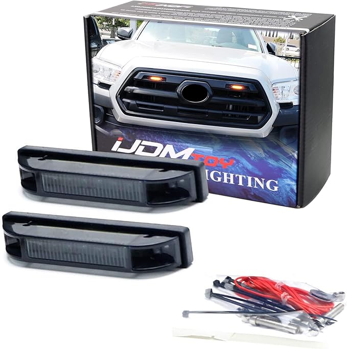 iJDMTOY Smoked Lens Amber LED Grille Lights Kit Compatible With 2012-up Toyota Tacoma, Center Set 2-Piece Marker Lamps w/Wiring & Hardware