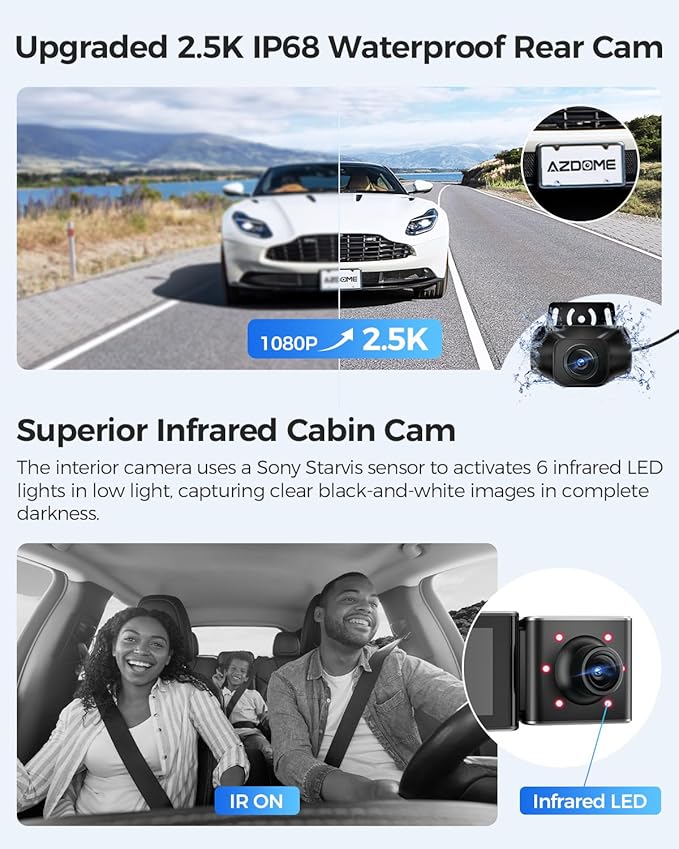 AZDOME M550 3 Channel Dash Cam, 4K+2.5K Front and Rear, 2.5K+1080P+2.5K Front Rear Inside Triple Car Camera Built-in WiFi GPS, 64GB Card Included, 3.19" Screen, WDR IR Night Vision, 24H Parking Mode