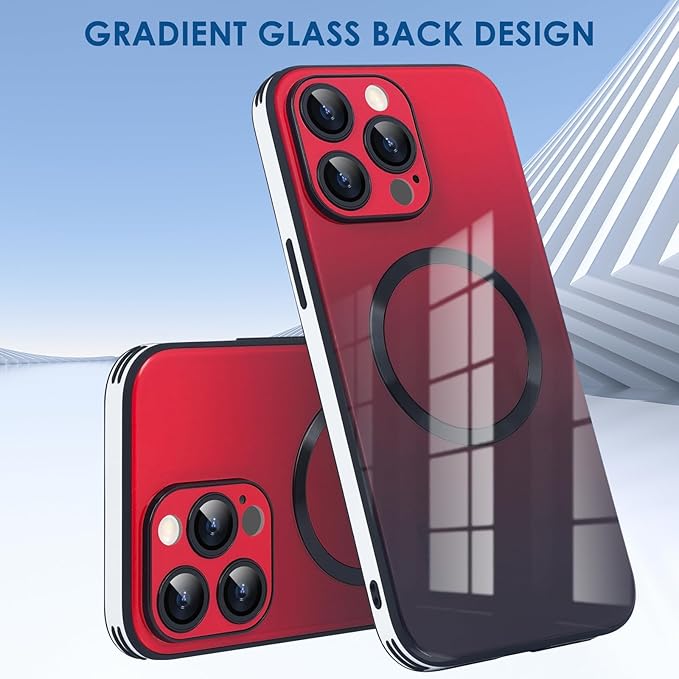 Guppy Compatible with iPhone 13 Pro with MagSafe Case, Magnetic Gradient Case with MagSafe Charging, Gradient Glass Back Cover with Lens Film-Red