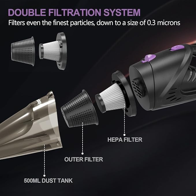 Car Vacuum Cleaner, 12V/106W High Power Handheld Portable Car Vacuum with 16 Ft Cord, Attachments, Filters and Storage Bag, Suitable for All Vehicles (Purple Button)