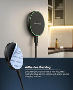Galvanox Stick-On Magnetic Wireless Charger, Compatible with MagSafe (15W) iPhone Fast Charging, Low-Profile Pad for Wall, Home Office, Magnet Car Mount with Removable USB-C (Adhesive Mounting)