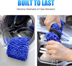 Premium Car Wash Drying Mitt, 2-in-1 Dual-Side Chenille Microfiber Gloves for Auto Detailing, Car Sponge Wrapped in Soft, Machine Washable (2Pack) (Blue)