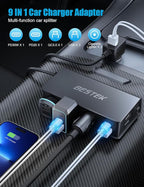 BESTEK 9 in 1 Cigarette Lighter Splitter 148W 3-Socket Car Cigarette Lighter PD30W and 4 USB-A QC3.0 18W with LED Display 12V/24V Cigarette Lighter Adapter for Dash Cam, GPS, iPad/Laptop/Phone