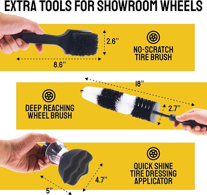 Detail Dudes Car Detailing Brush Set 9-pc - Boars Hair Brushes Plus Wheel Cleaner, Tire Brush and Dressing Applicator - Car Cleaning Kit for Leather Seats, Dashboards, Wheels, Grills and Paint
