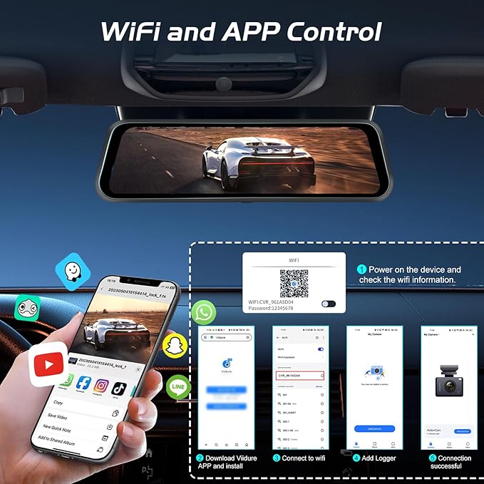 9.66 Inch Rear View Mirror Camera - 4K Mirror Dash Cam Front and Rear with 1080P Rear Camera - Full Touch Screen Mirror Camera for Car with WiFi&APP Control Parking Monitor Night Vision + 64GB Card